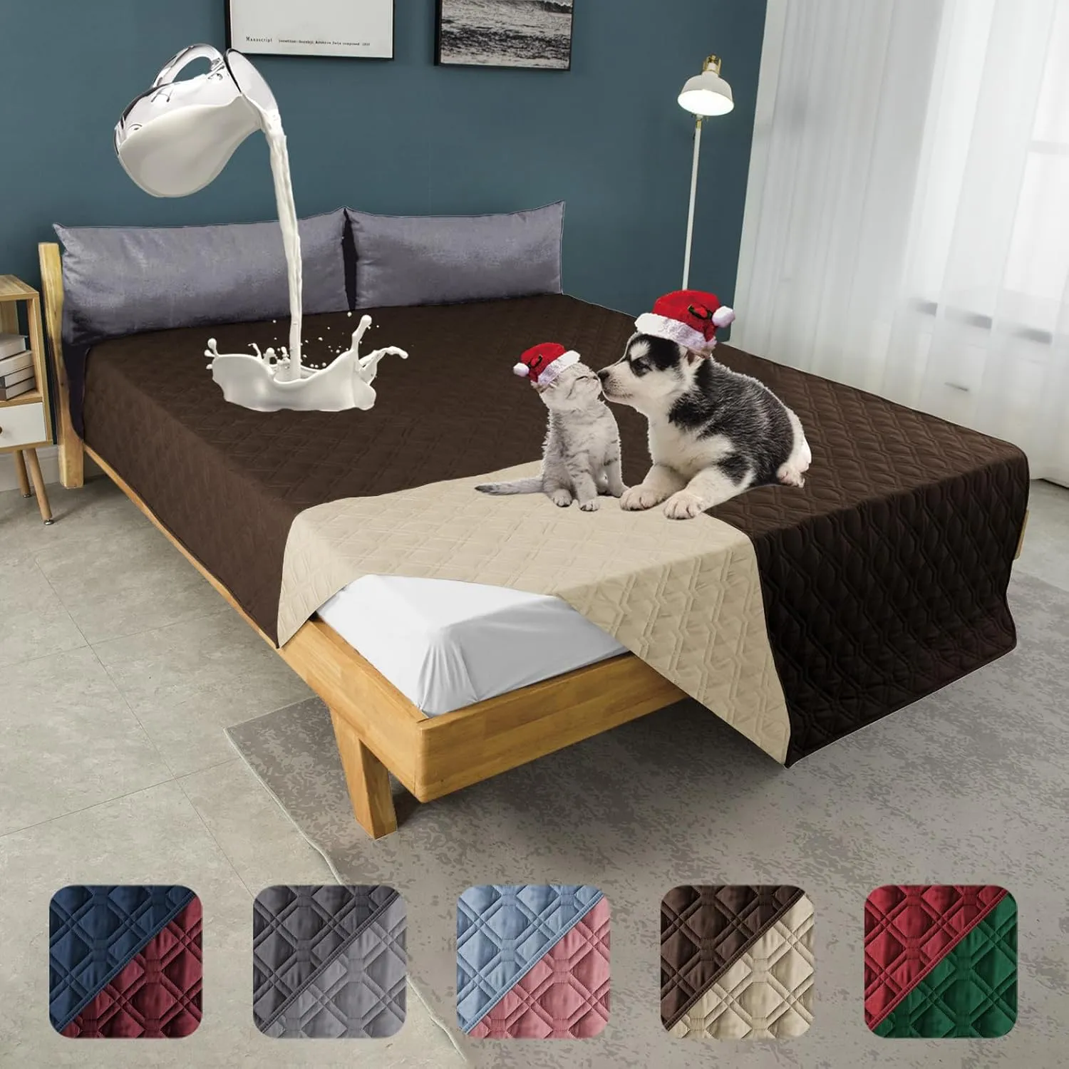 100% Waterproof Dog Bed Cover 102x82 in Reversible Reusable Camping Mat for Kids/Pet/Dog/Cat Washable Geometric Embroidery Blanket Patchwork Brown Beige