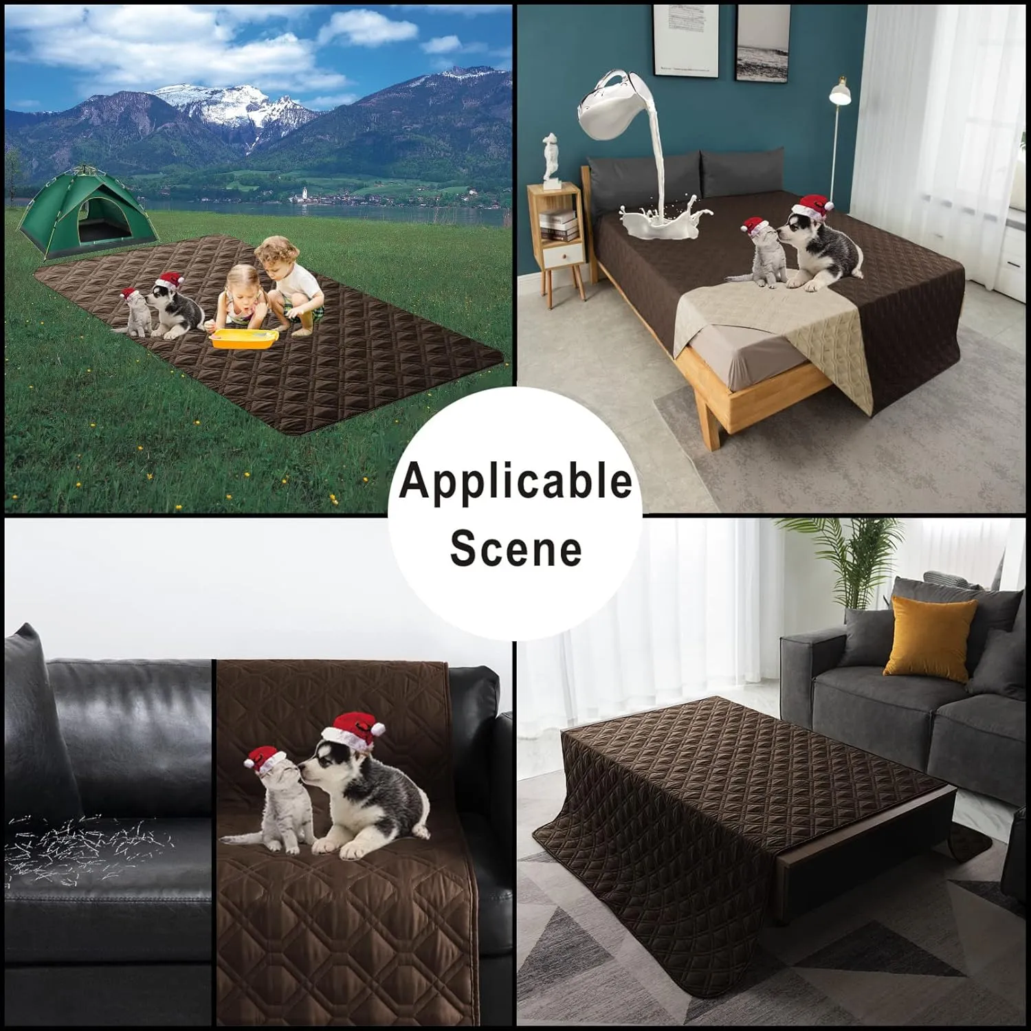 100% Waterproof Dog Bed Cover 102x82 in Reversible Reusable Camping Mat for Kids/Pet/Dog/Cat Washable Geometric Embroidery Blanket Patchwork Brown Beige
