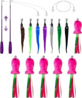 16PCS Cat Toys Pack, 11PCS Cat Toy Wand, 5PCS Pink Fish Catnip Toys for Bored Indoor Adult Cats Kitten Play Chase Exercise