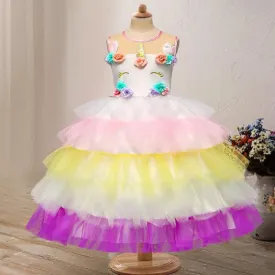 2 Kinds Flower Trim Unicorn Layered Princess Party Dress