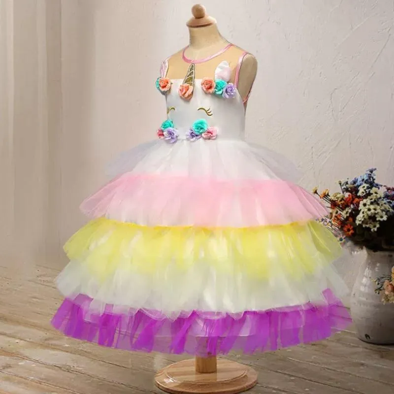 2 Kinds Flower Trim Unicorn Layered Princess Party Dress