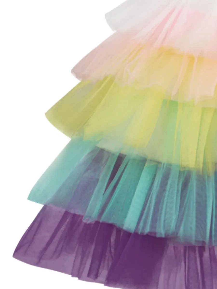 2 Kinds Flower Trim Unicorn Layered Princess Party Dress