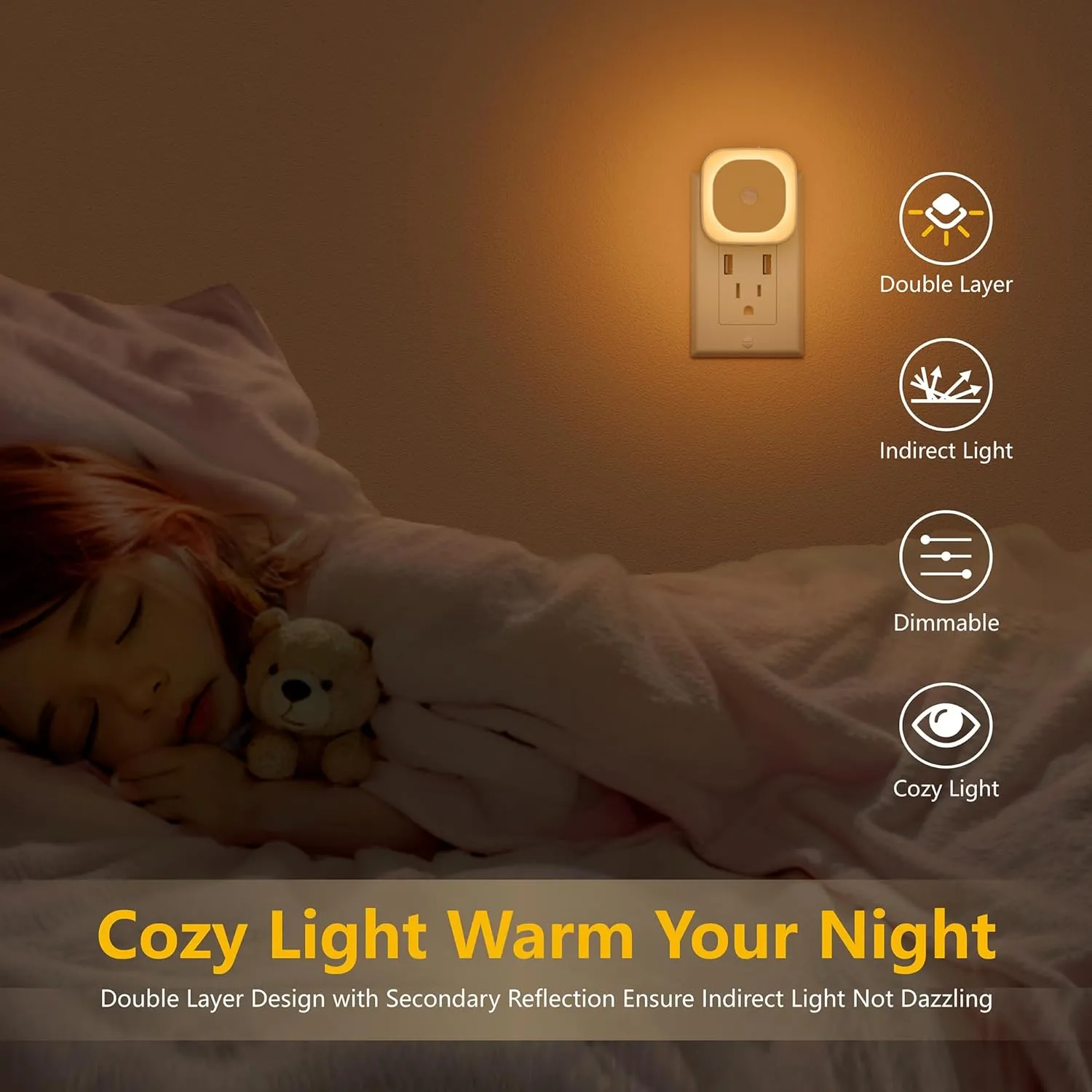 2 Pack Plug in Night Light with Motion Sensor & Dusk to Dawn Sensor, 3 Sensor Modes, Dimmable Night Lights Plug into Wall, Amber Nightlight for Bathroom, Bedroom, Indoors, Kids, Adults