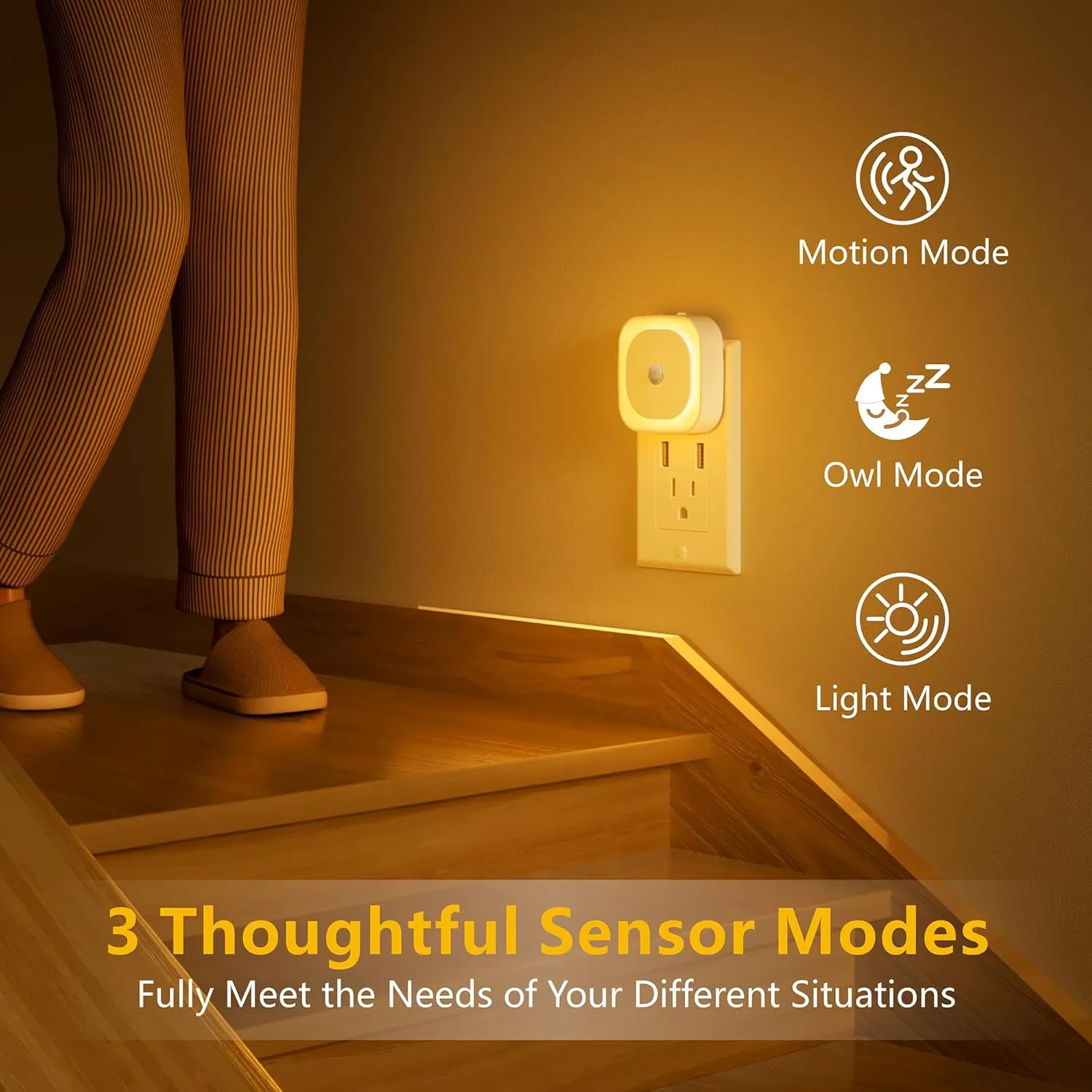 2 Pack Plug in Night Light with Motion Sensor & Dusk to Dawn Sensor, 3 Sensor Modes, Dimmable Night Lights Plug into Wall, Amber Nightlight for Bathroom, Bedroom, Indoors, Kids, Adults