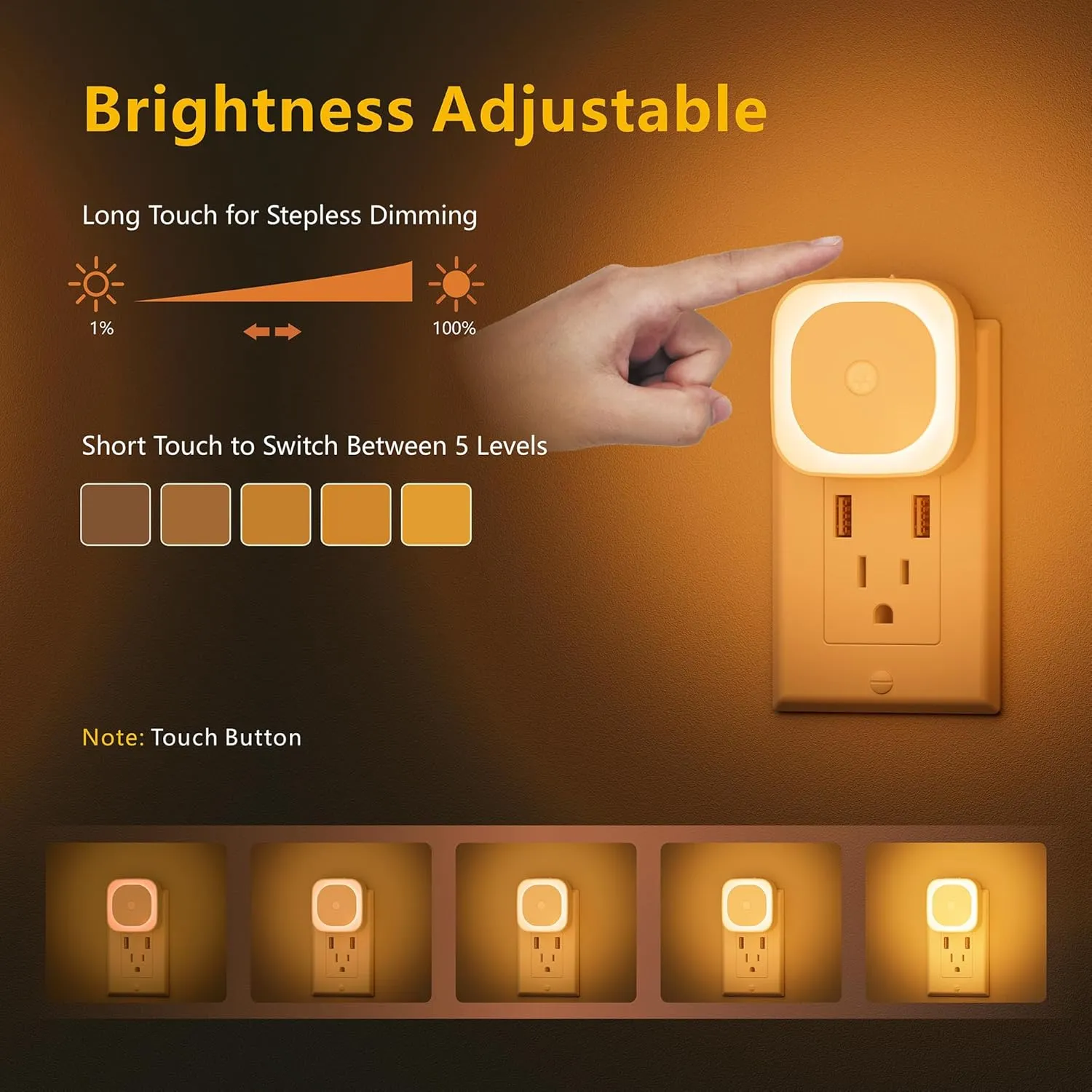 2 Pack Plug in Night Light with Motion Sensor & Dusk to Dawn Sensor, 3 Sensor Modes, Dimmable Night Lights Plug into Wall, Amber Nightlight for Bathroom, Bedroom, Indoors, Kids, Adults
