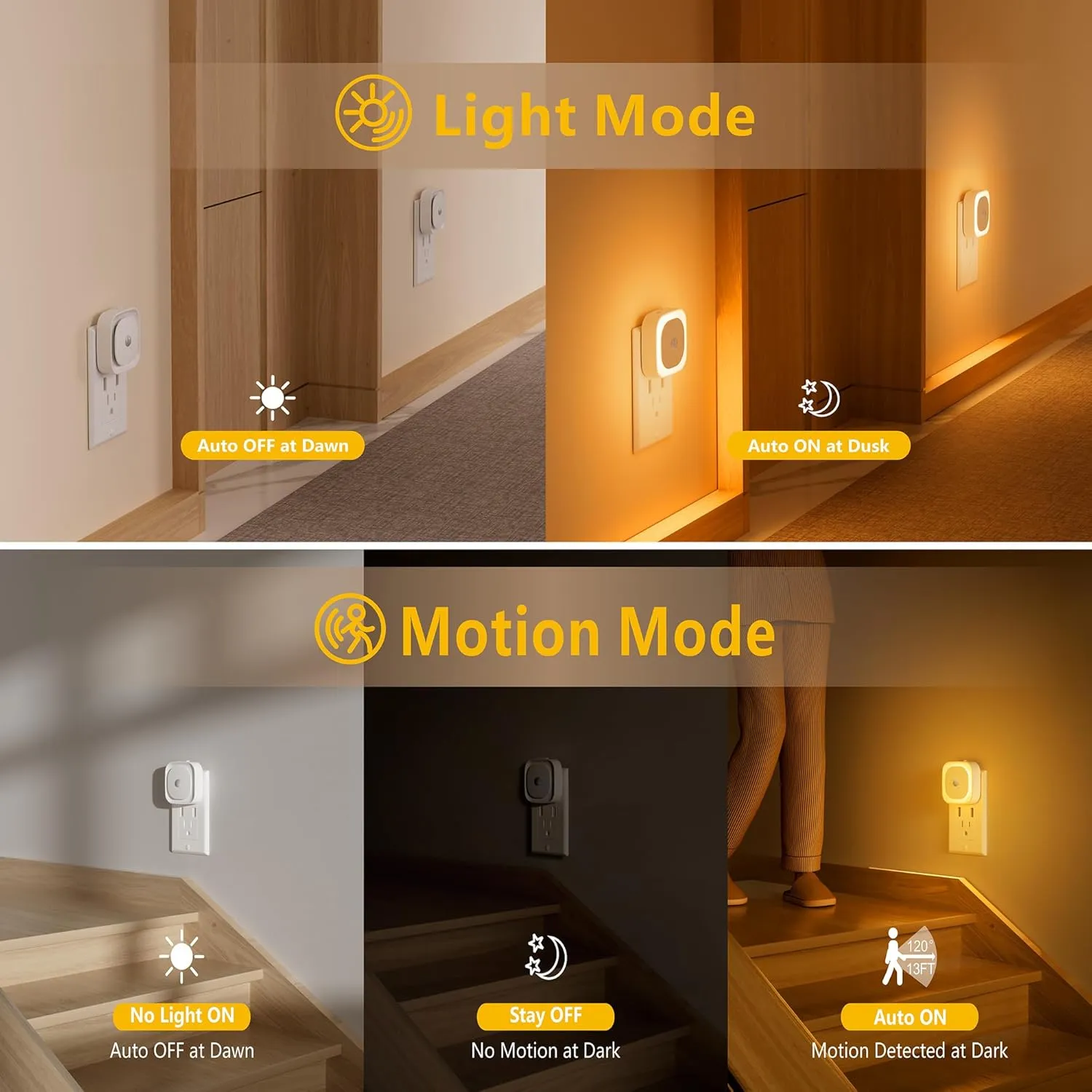2 Pack Plug in Night Light with Motion Sensor & Dusk to Dawn Sensor, 3 Sensor Modes, Dimmable Night Lights Plug into Wall, Amber Nightlight for Bathroom, Bedroom, Indoors, Kids, Adults