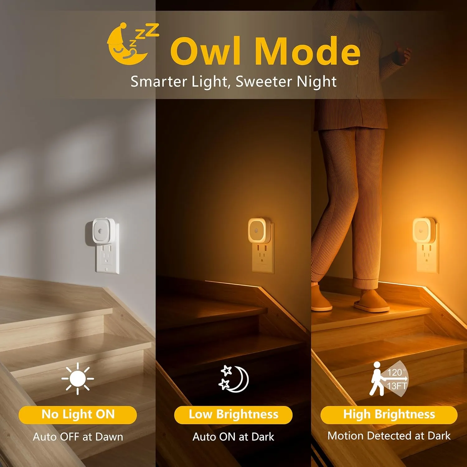 2 Pack Plug in Night Light with Motion Sensor & Dusk to Dawn Sensor, 3 Sensor Modes, Dimmable Night Lights Plug into Wall, Amber Nightlight for Bathroom, Bedroom, Indoors, Kids, Adults