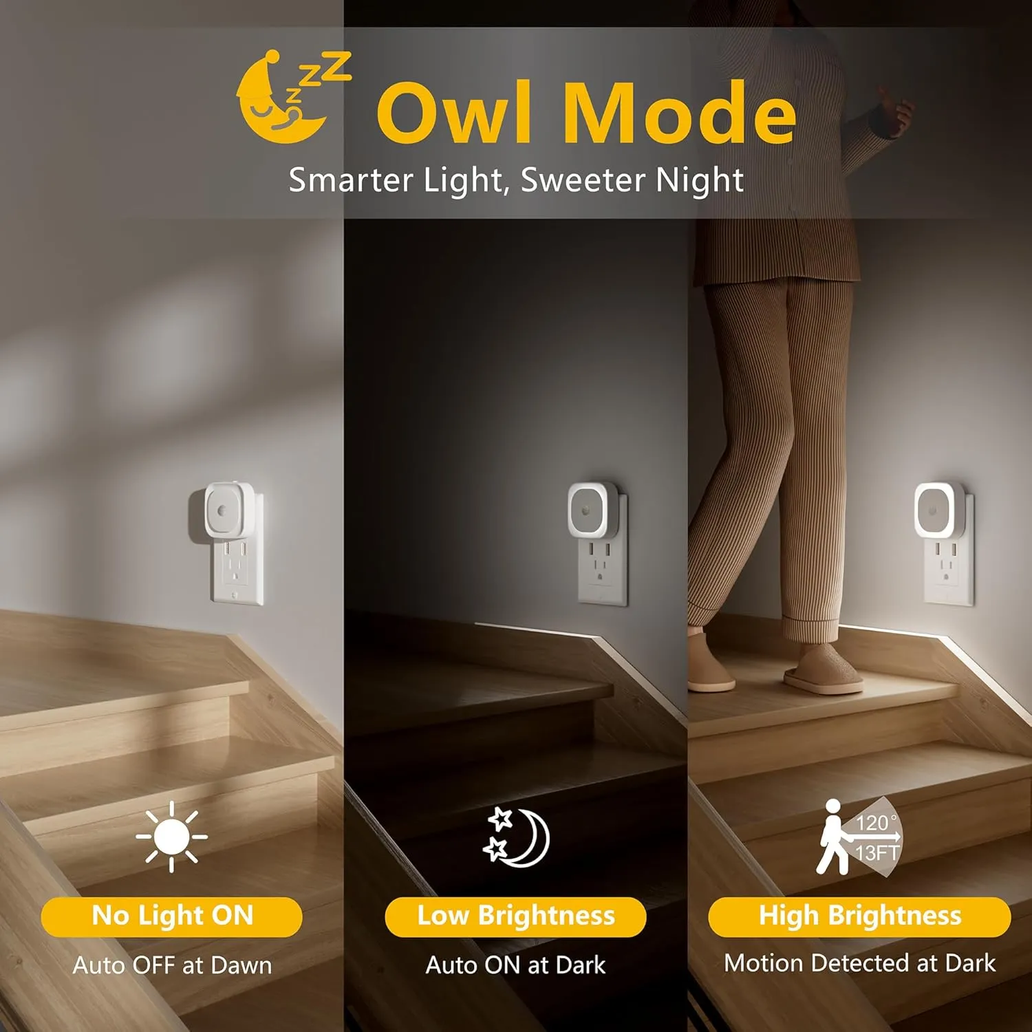 2 Pack Plug in Night Light with Motion Sensor & Dusk to Dawn Sensor, 3 Sensor Modes, Night Lights Plug into Wall, Auto ON/Off, Dimmable Nightlight for Bathroom, Stairs, Kitchen, Cool White