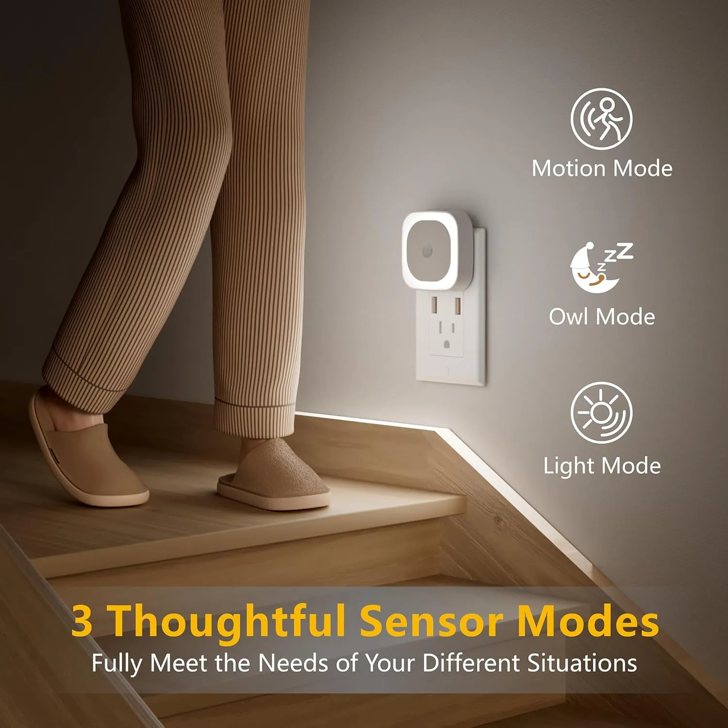 2 Pack Plug in Night Light with Motion Sensor & Dusk to Dawn Sensor, 3 Sensor Modes, Night Lights Plug into Wall, Auto ON/Off, Dimmable Nightlight for Bathroom, Stairs, Kitchen, Cool White
