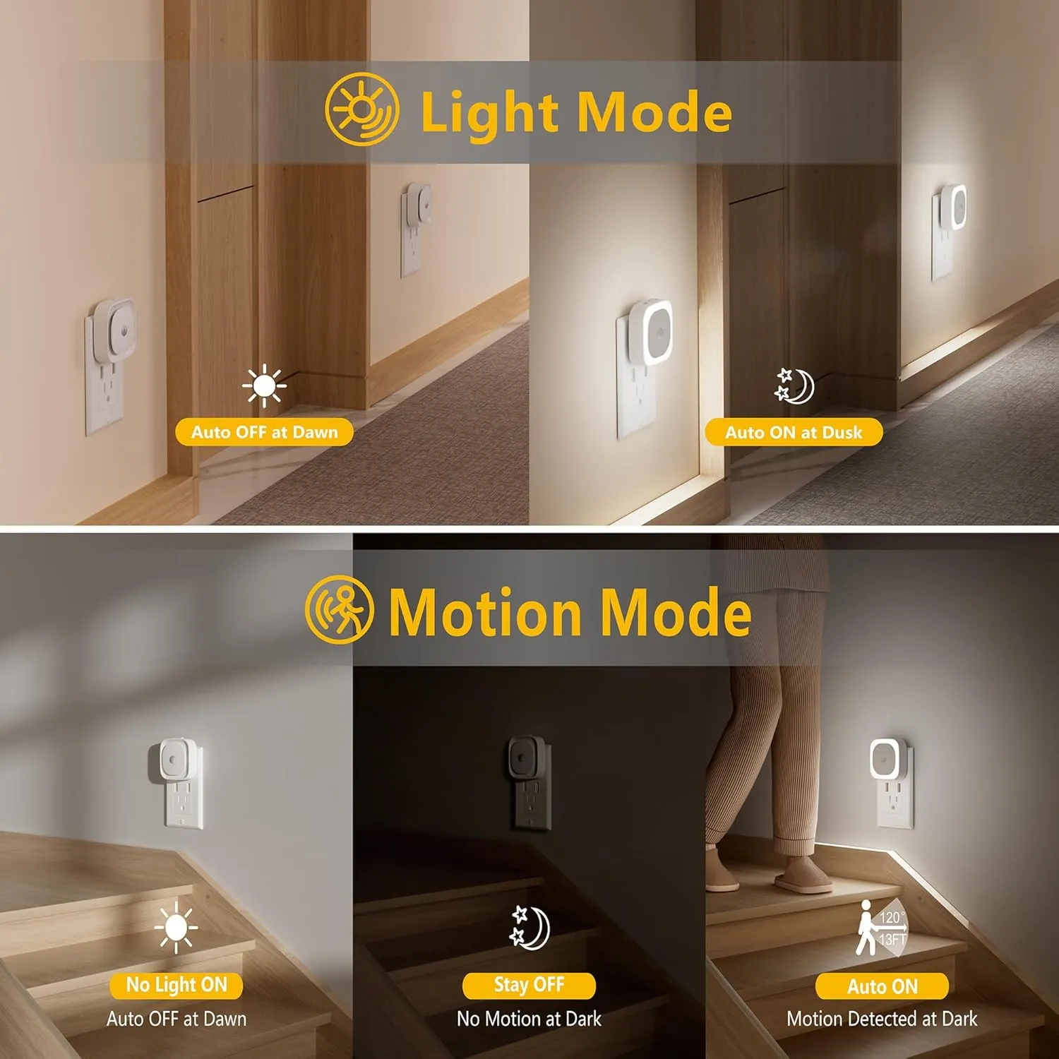 2 Pack Plug in Night Light with Motion Sensor & Dusk to Dawn Sensor, 3 Sensor Modes, Night Lights Plug into Wall, Auto ON/Off, Dimmable Nightlight for Bathroom, Stairs, Kitchen, Cool White