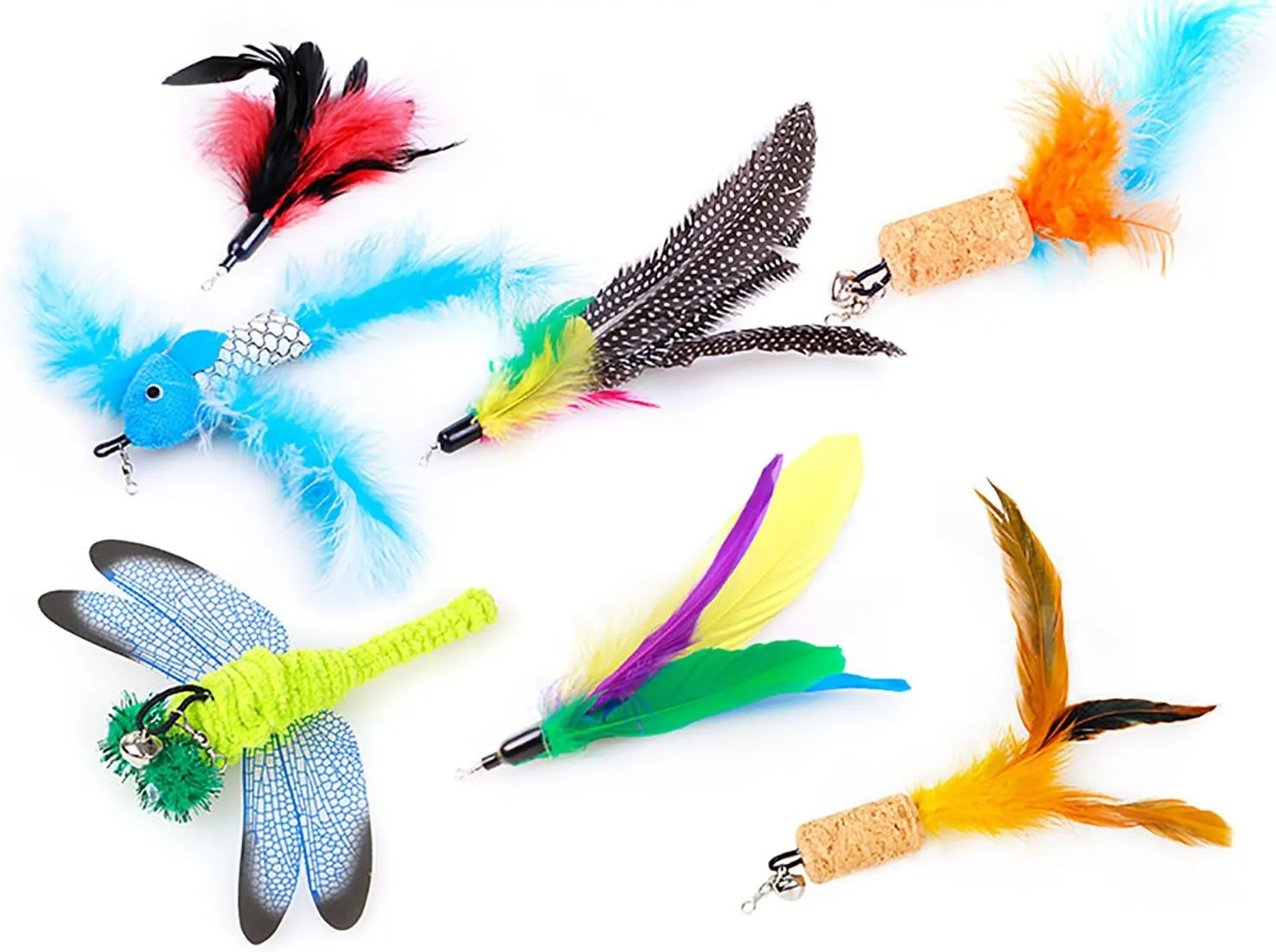 2 Pcs Cat Toys Interactive Refill Replacement Feather Pack Furry Tail Butterfly Dragonfly Fish Mouse Caterpillar Worm Birds Feathers for Kitten Cats CT15-11 Brown Long Feather