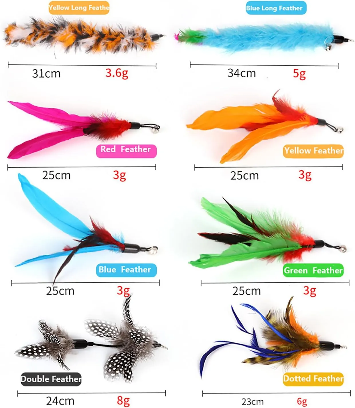 2 Pcs Cat Toys Interactive Refill Replacement Feather Pack Furry Tail Butterfly Dragonfly Fish Mouse Caterpillar Worm Birds Feathers for Kitten Cats CT15-11 Brown Long Feather
