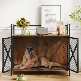 31 Inch Dog Crate Furniture, Heavy Duty Decorative Dog Cage with Lockable 360 Wheels, Double Door Dog Kennel End Table for for Small Medium Large Dog, Rustic Brown