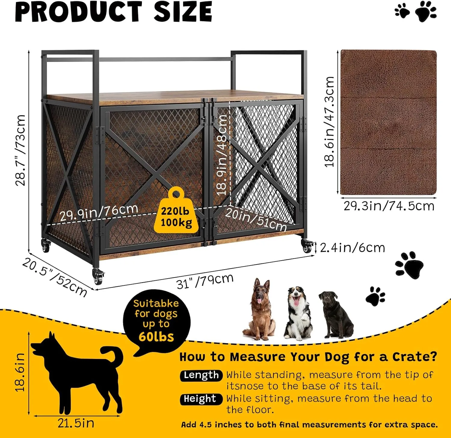 31 Inch Dog Crate Furniture, Heavy Duty Decorative Dog Cage with Lockable 360 Wheels, Double Door Dog Kennel End Table for for Small Medium Large Dog, Rustic Brown