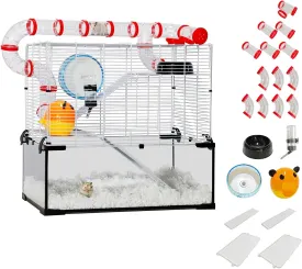 31''Large Hamster Cage Habitat,3 Tiers Hamsters Tank with Running Wheel & Tubes,Syrian Gerbils Guinea Pig Rat Cage with Deep Tempered Glass Bottom,Water Bottle,31" x 20" x 26"
