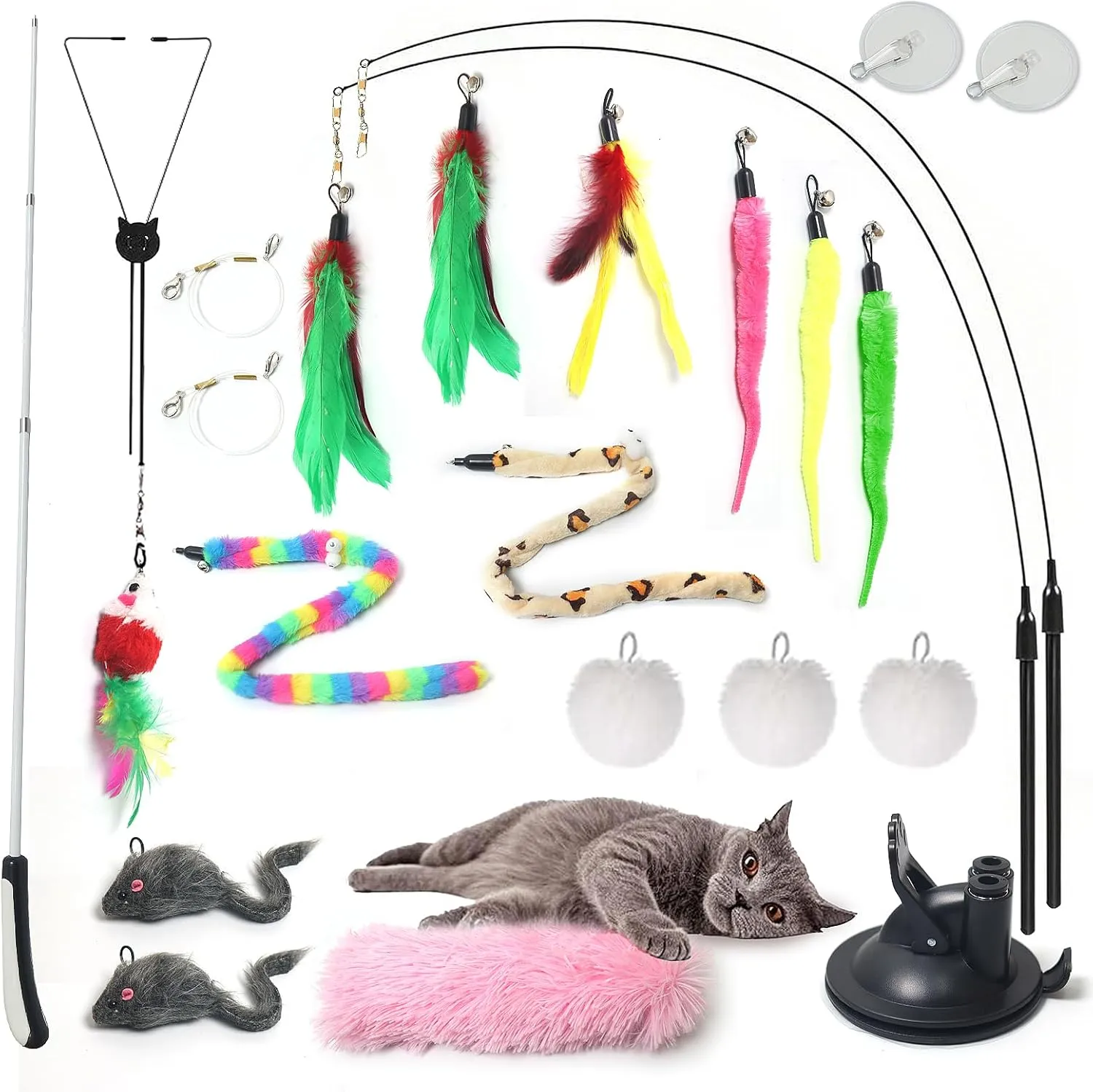4-in-1 Interactive Cat Feather Toy Set for Indoor Cats  Extendable Wand, 2-Pole Suction Cup Base, Catnip Pillow, 14  Accessories  Self-Play & Interactive Cat Toys with Safe Durable Materials