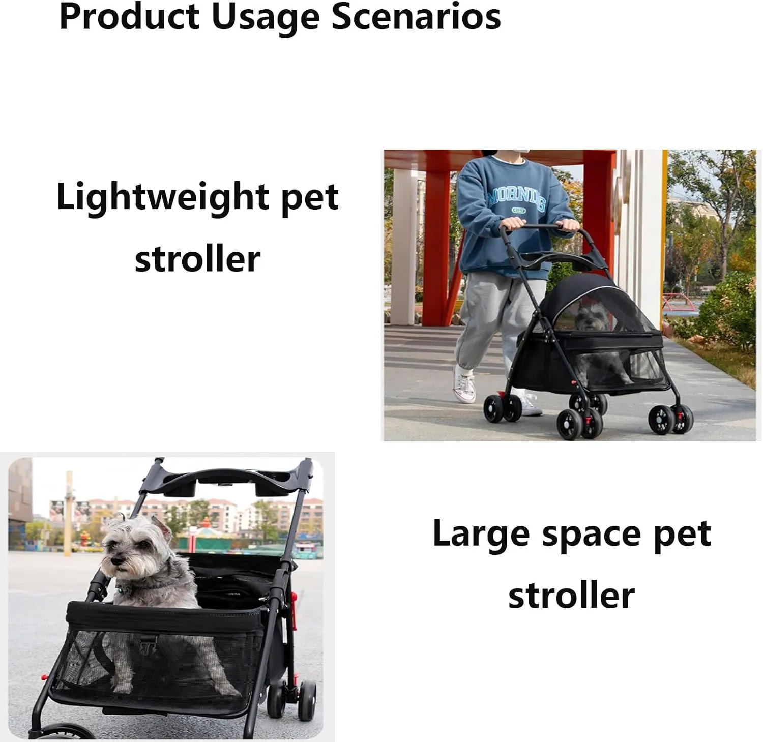 4 Wheels Pet Stroller,Pet-Strollerwith Cup Holder & Storage Basket & Breathable Mesh,for Medium Small Dogs Cats(Charming Black)
