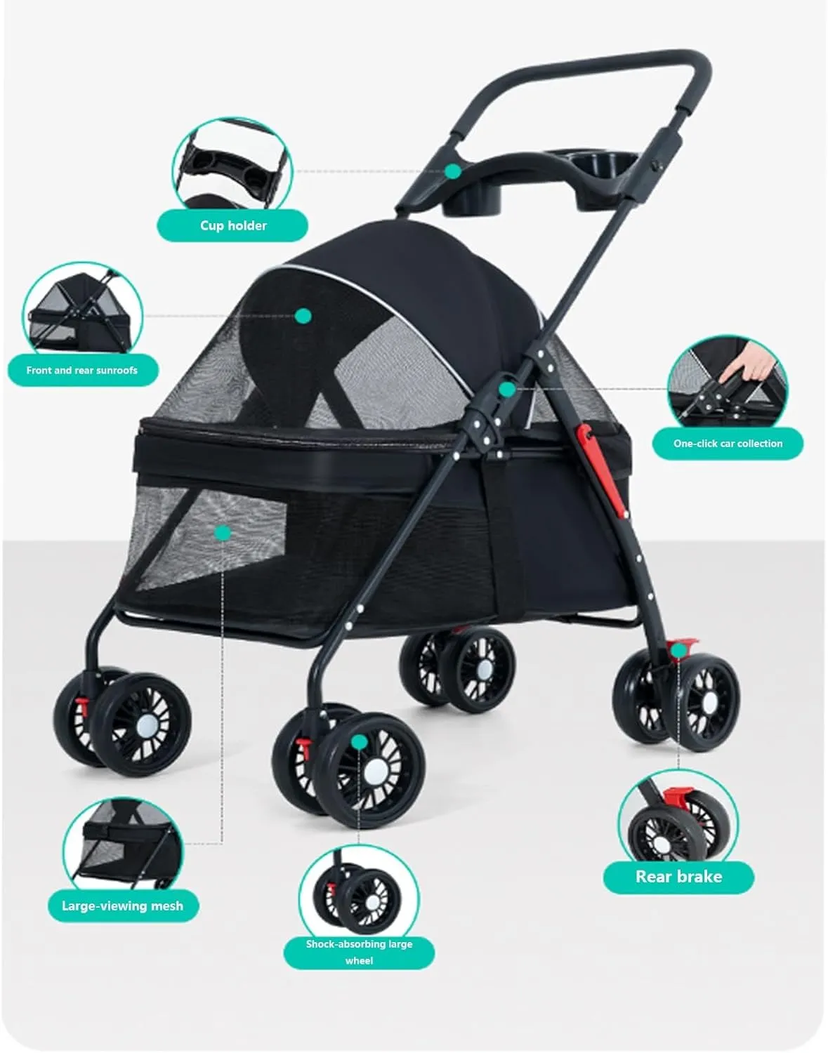 4 Wheels Pet Stroller,Pet-Strollerwith Cup Holder & Storage Basket & Breathable Mesh,for Medium Small Dogs Cats(Charming Black)