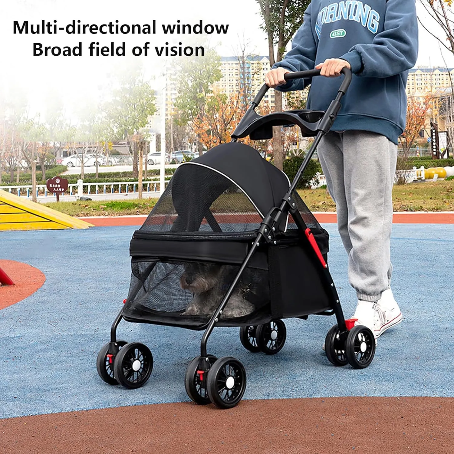 4 Wheels Pet Stroller,Pet-Strollerwith Cup Holder & Storage Basket & Breathable Mesh,for Medium Small Dogs Cats(Charming Black)