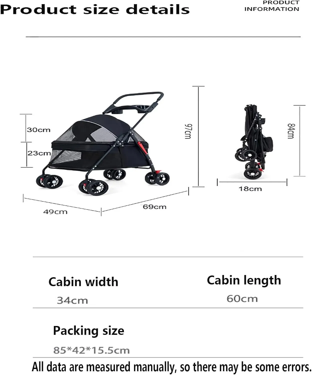 4 Wheels Pet Stroller,Pet-Strollerwith Cup Holder & Storage Basket & Breathable Mesh,for Medium Small Dogs Cats(Charming Black)
