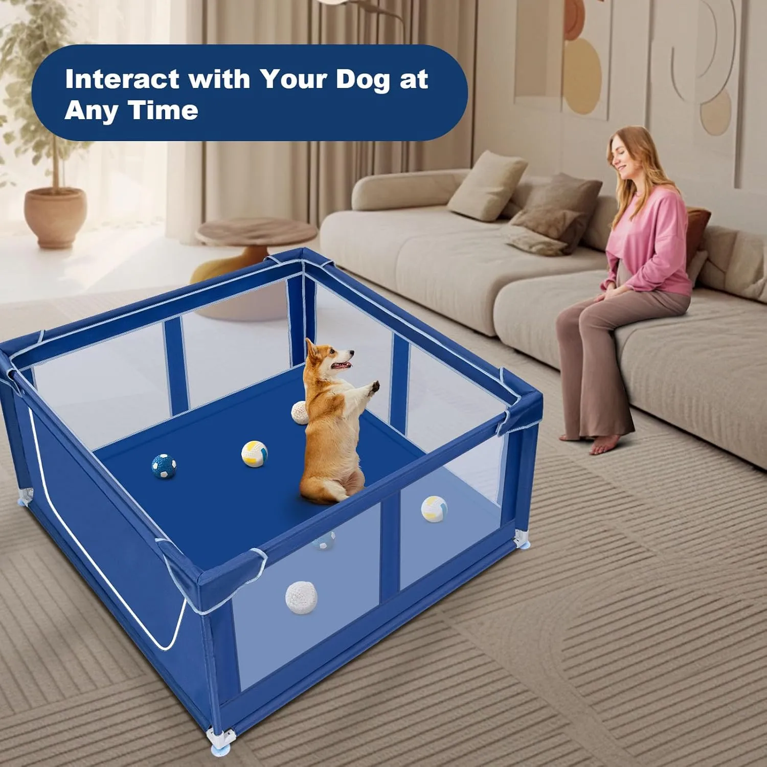 42x42 Inches Puppy Playpen, Dog Playpen for Puppies or Small Dogs, Pet Playpen for Indoor & Outdoor, Sturdy Safety Dog Pen with Thickened Fabric, High-Strength Nylon Wire Mesh, Blue
