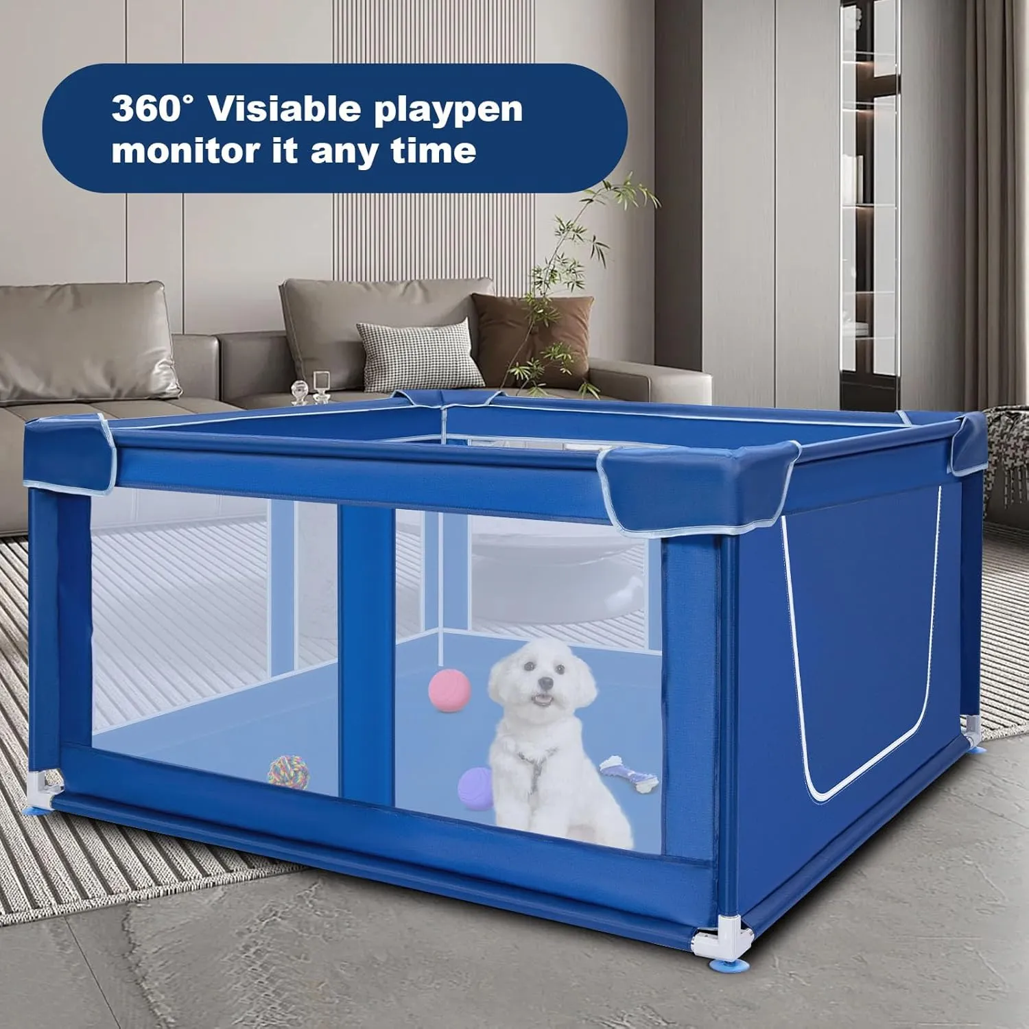 42x42 Inches Puppy Playpen, Dog Playpen for Puppies or Small Dogs, Pet Playpen for Indoor & Outdoor, Sturdy Safety Dog Pen with Thickened Fabric, High-Strength Nylon Wire Mesh, Blue