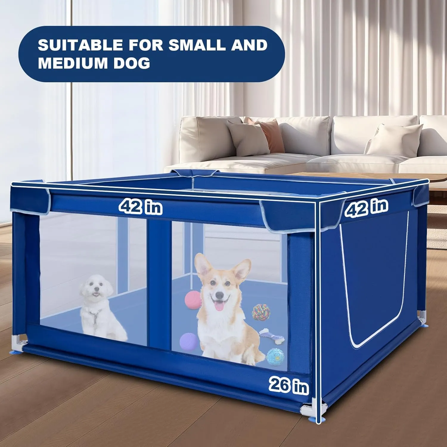 42x42 Inches Puppy Playpen, Dog Playpen for Puppies or Small Dogs, Pet Playpen for Indoor & Outdoor, Sturdy Safety Dog Pen with Thickened Fabric, High-Strength Nylon Wire Mesh, Blue