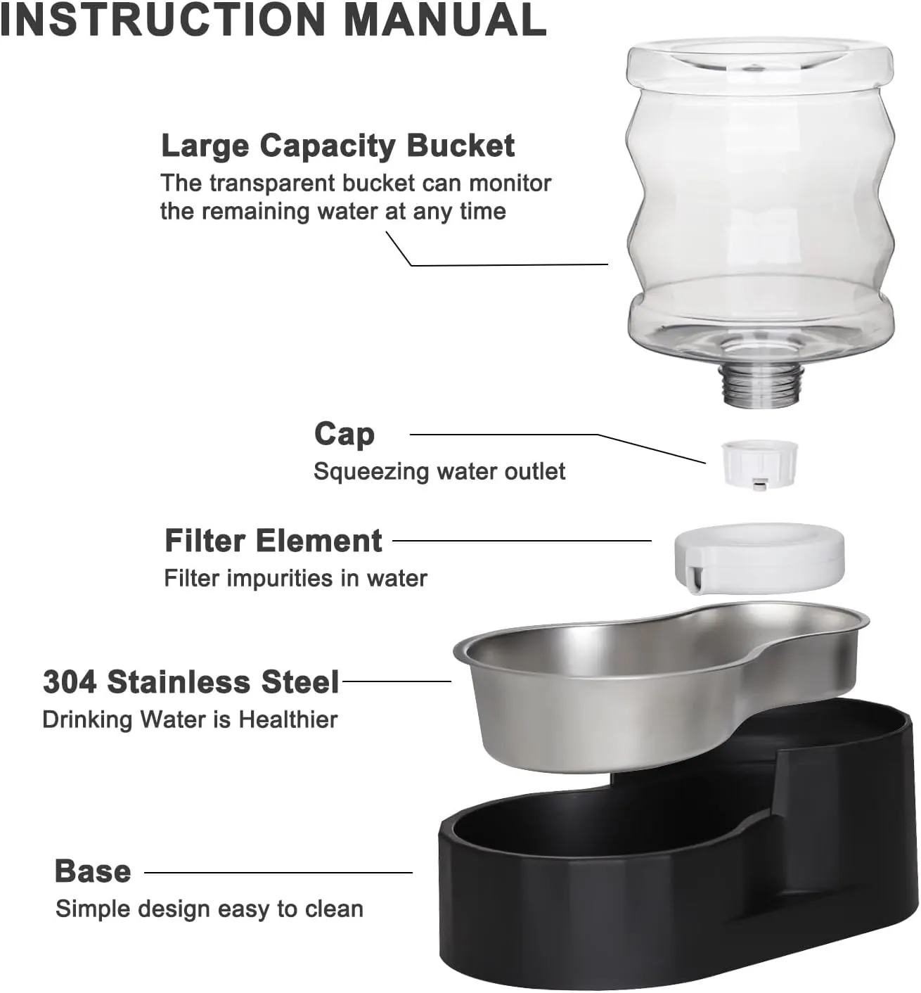 4L Automatic Pet Waterer, 100% BPA Free, Stainless Steel Gravity Feeder, Convenient Drinking Water Dispenser Designed for Dogs and Cats (Black, 4L)
