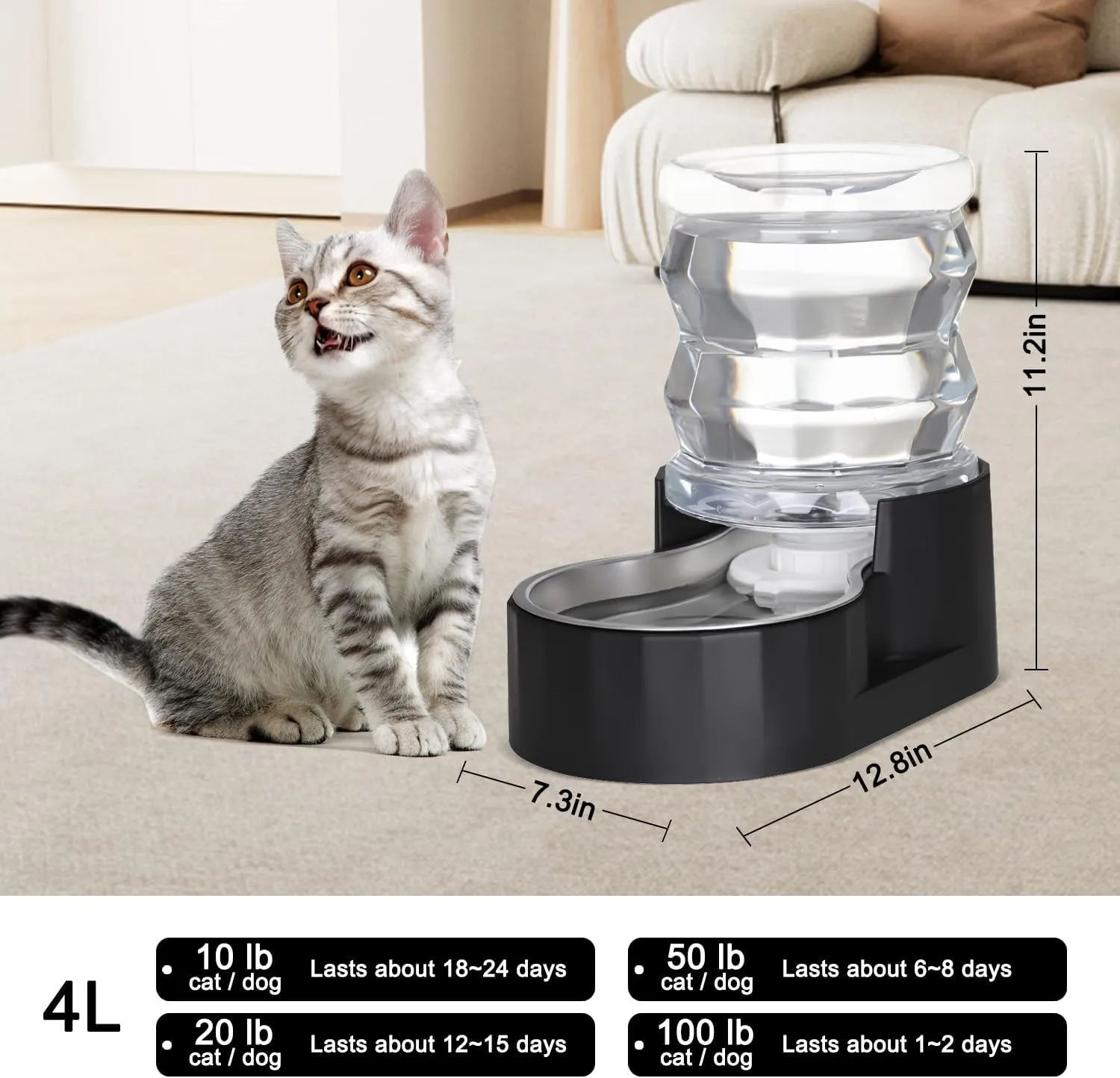4L Automatic Pet Waterer, 100% BPA Free, Stainless Steel Gravity Feeder, Convenient Drinking Water Dispenser Designed for Dogs and Cats (Black, 4L)