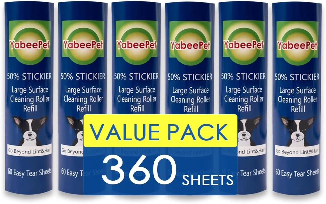 8 inch Lint Roller Refill for Scotch-Brite 50% Stickier Large Surface Lint Roller, Works Great On Pet Hair (60 Sheets per Roll, 360 Sheets Total)