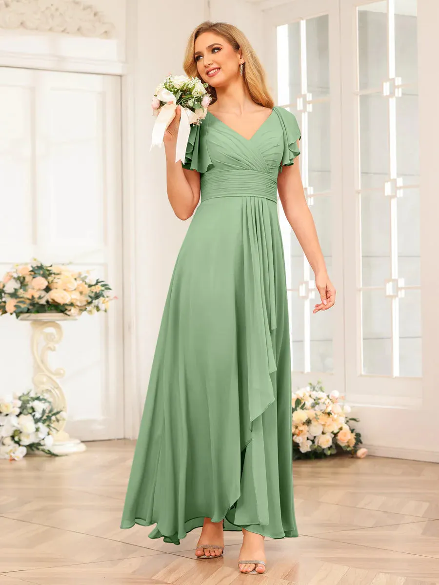 A-Line/Princess V-Neck Long Wedding Party Dresses With Ruffles