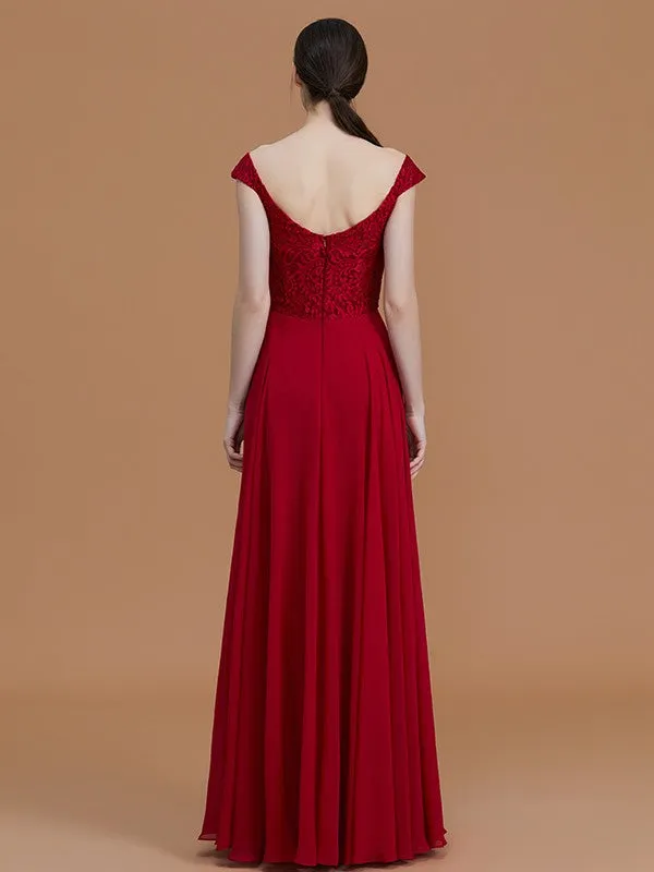A-Line/Princess V-neck Sleeveless Floor-Length Lace Chiffon Bridesmaid Dresses