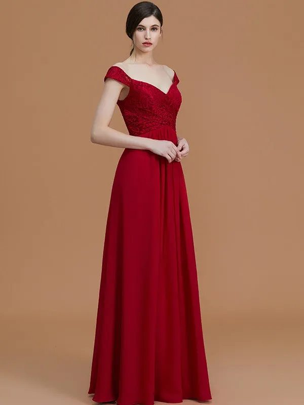 A-Line/Princess V-neck Sleeveless Floor-Length Lace Chiffon Bridesmaid Dresses