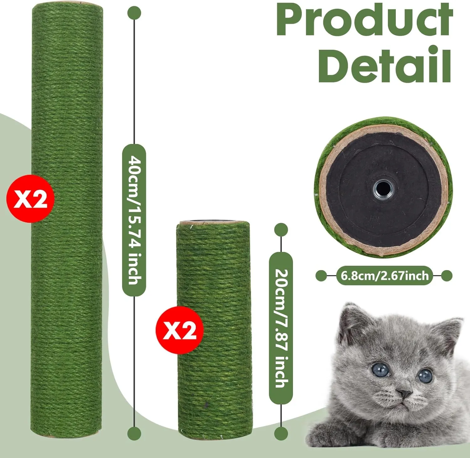 Barelove Cat Scratching Post Replacement, 4 Pieces Cat Scratcher Cat Tree Replacement Parts, 15.4'' x 2.67" Dia   7.87 x 2.67" DiaNatural Sisal Rope Cat Scratch Posts Include M8 Screws, Green
