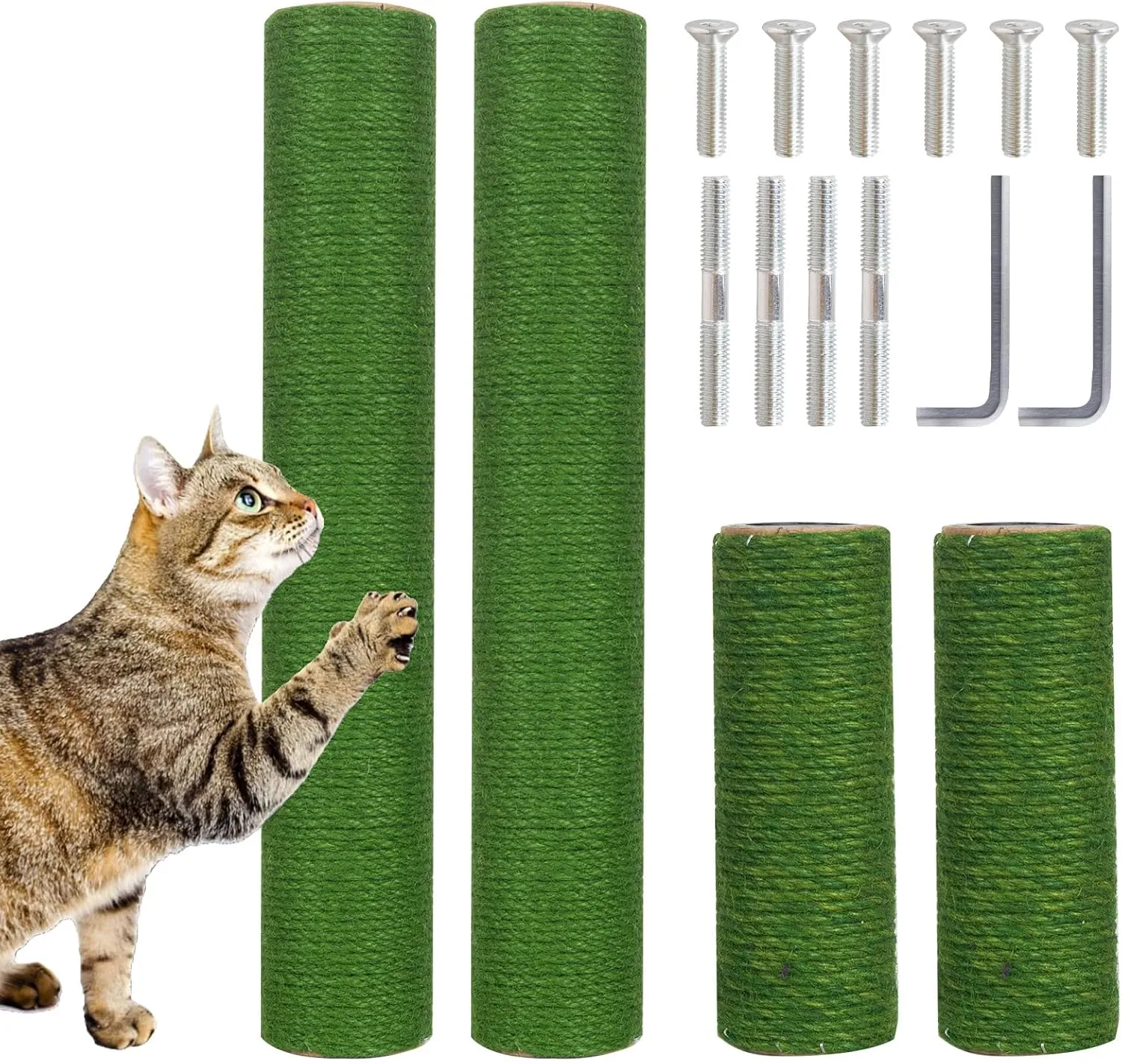 Barelove Cat Scratching Post Replacement, 4 Pieces Cat Scratcher Cat Tree Replacement Parts, 15.4'' x 2.67" Dia   7.87 x 2.67" DiaNatural Sisal Rope Cat Scratch Posts Include M8 Screws, Green