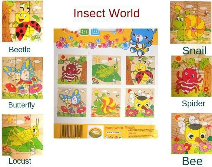 Children Wooden Cartoon Animal Puzzle Toys 6 Sides Wisdom Jigsaw Early Education Toys Parent-Child Game