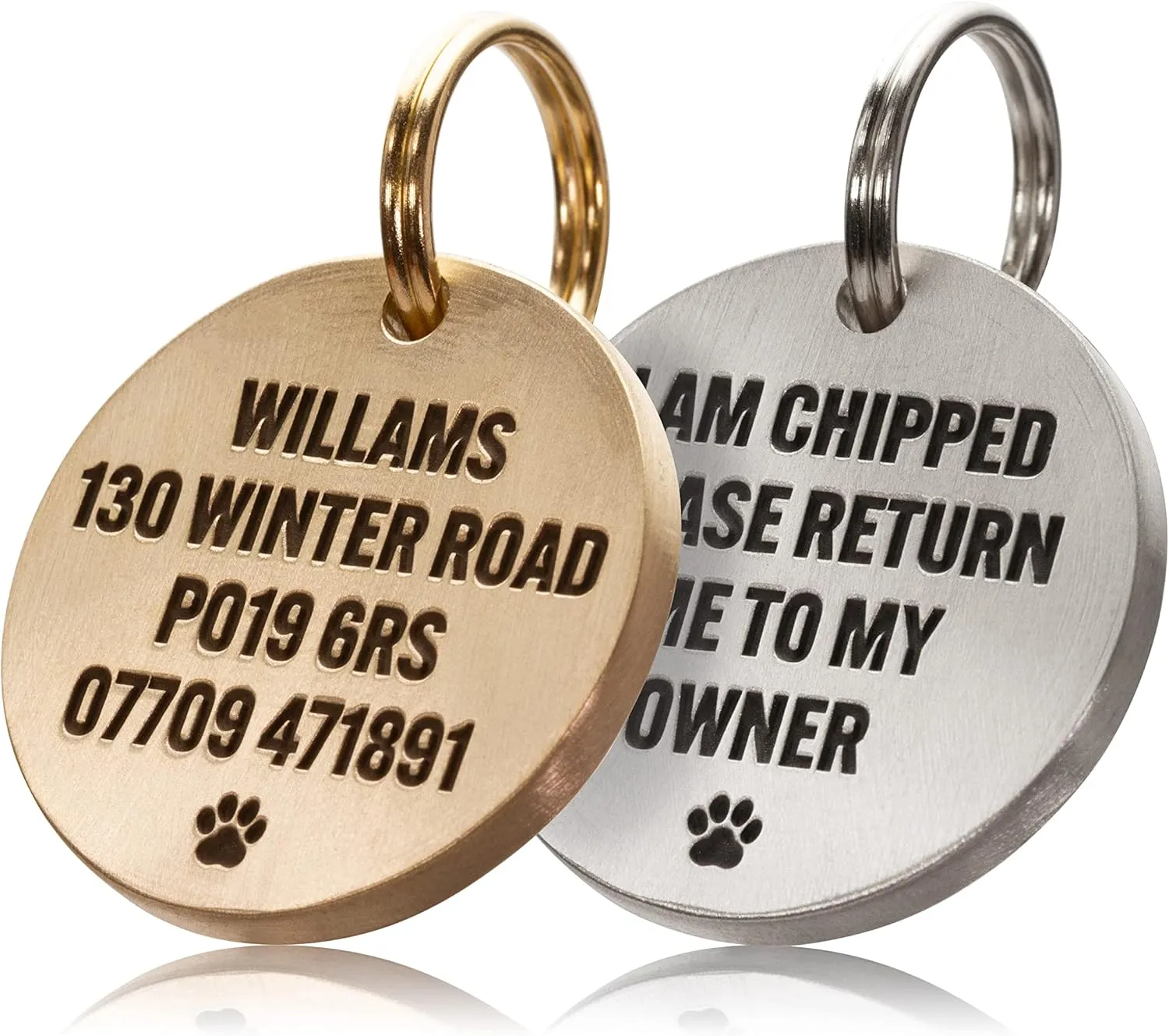 Deep Engraved in Thick Solid Brass or Stainless Steel Dog Tag/Pet ID Tag
