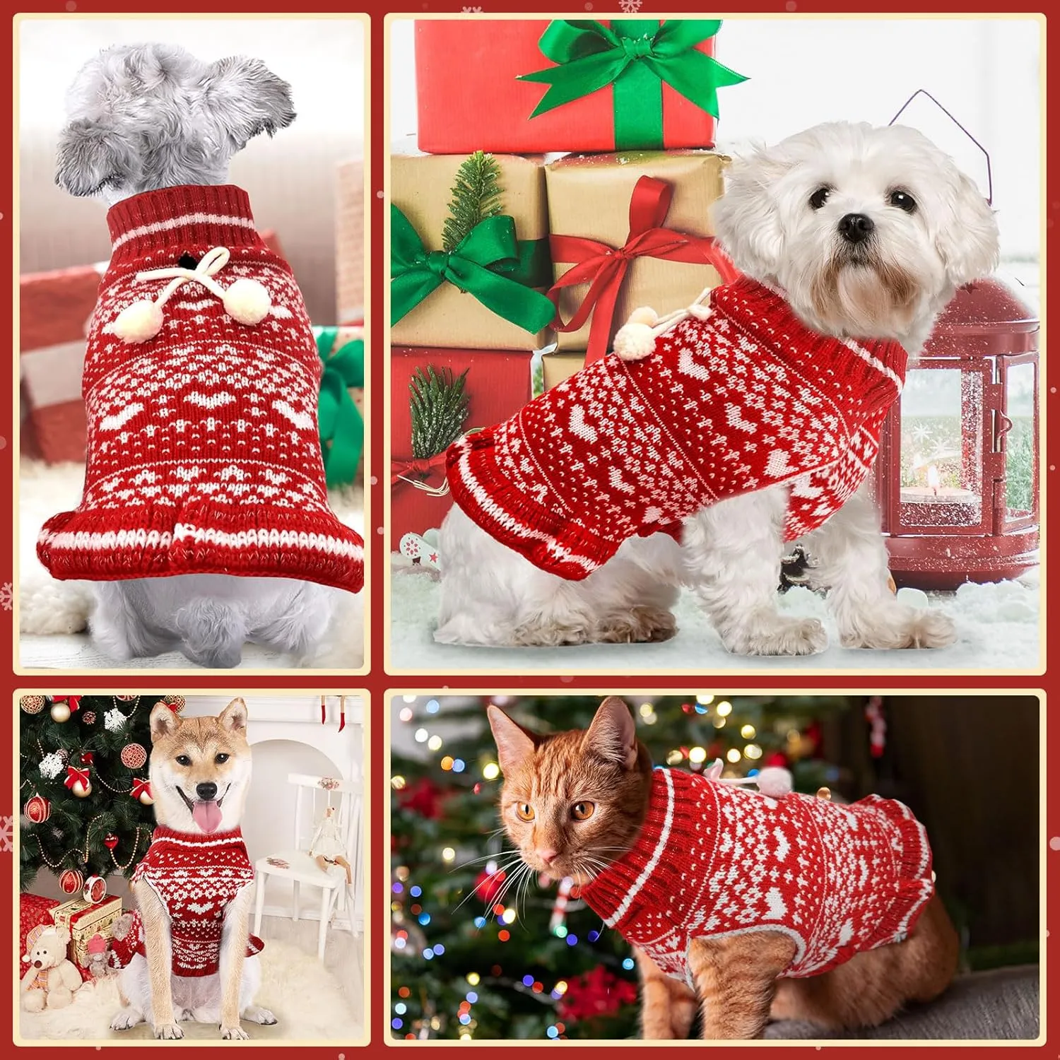 Dog Christmas Sweater Dress with Leash Hole Turtleneck Red Xmas Girl Dog Christmas Outfits Soft Pet Clothes for Small Medium Dogs Cats Warm Fall Winter Puppy Heart Knitted Pullover(L)