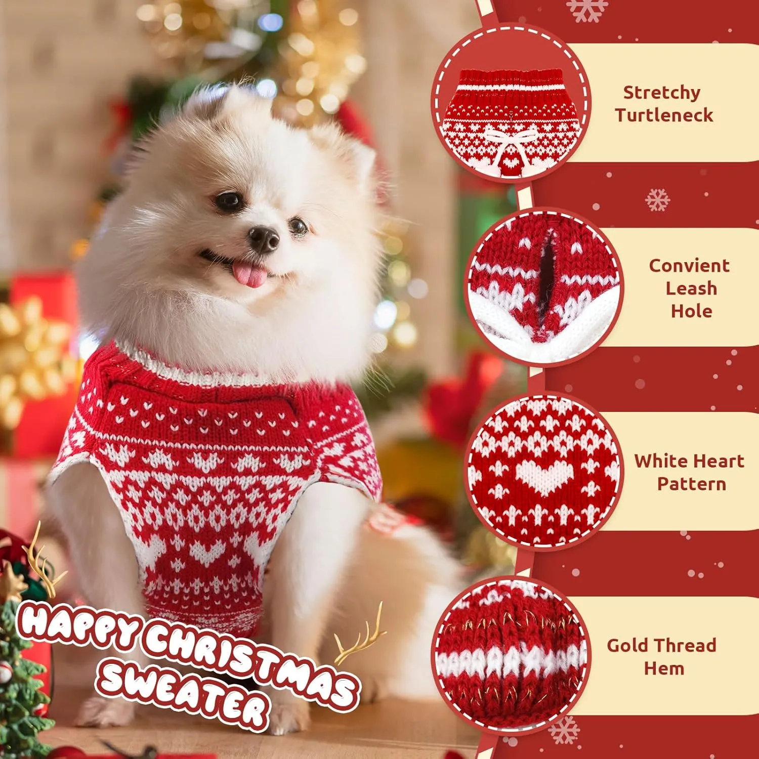 Dog Christmas Sweater Dress with Leash Hole Turtleneck Red Xmas Girl Dog Christmas Outfits Soft Pet Clothes for Small Medium Dogs Cats Warm Fall Winter Puppy Heart Knitted Pullover(L)