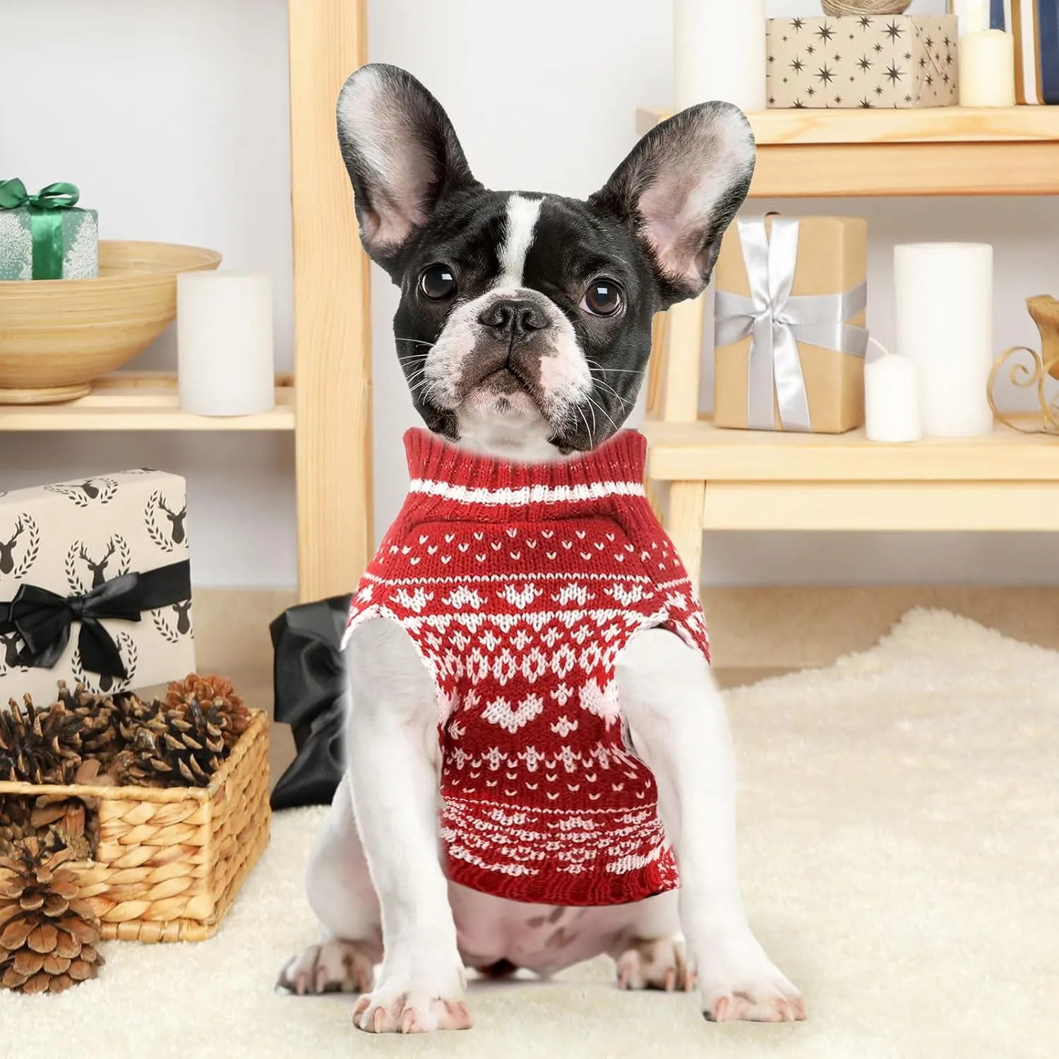 Dog Christmas Sweater Dress with Leash Hole Turtleneck Red Xmas Girl Dog Christmas Outfits Soft Pet Clothes for Small Medium Dogs Cats Warm Fall Winter Puppy Heart Knitted Pullover(L)