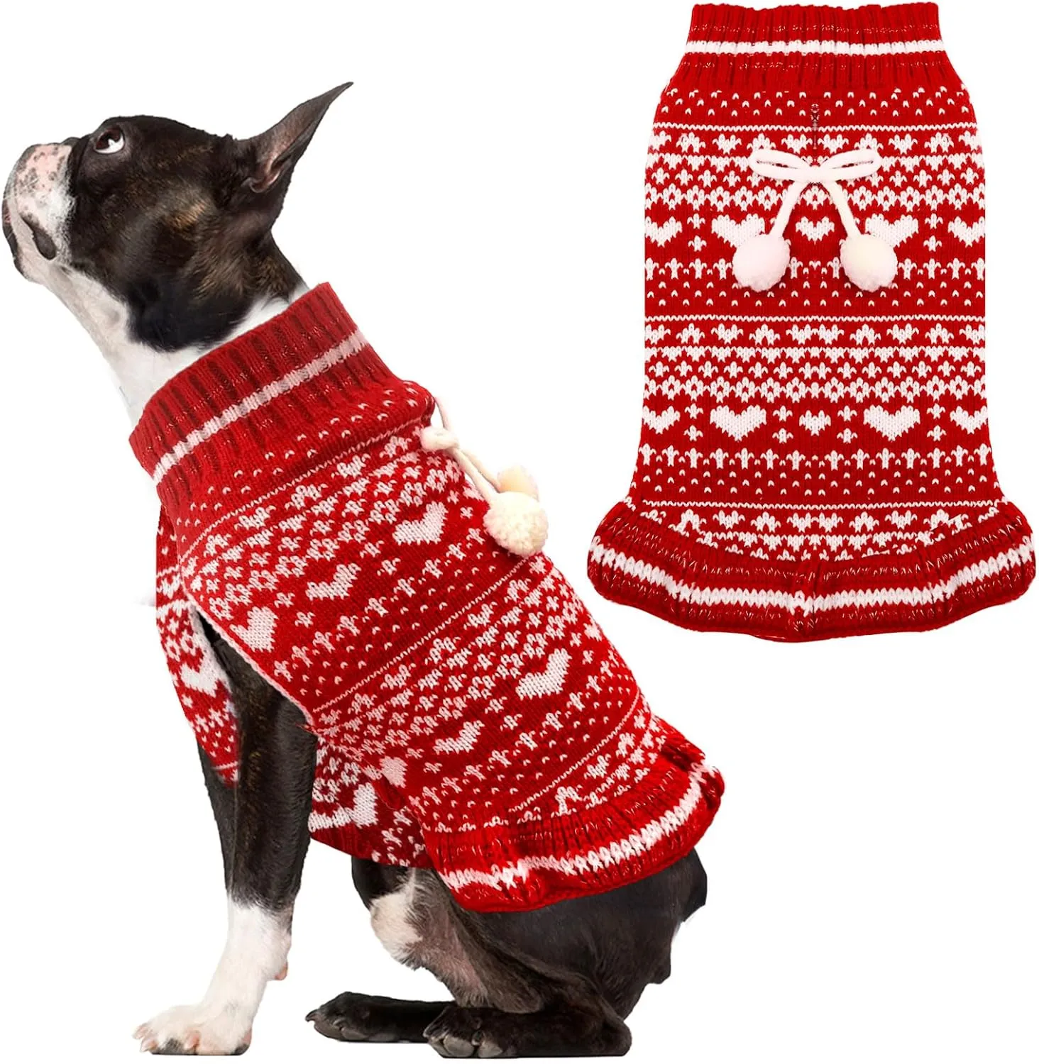 Dog Christmas Sweater Dress with Leash Hole Turtleneck Red Xmas Girl Dog Christmas Outfits Soft Pet Clothes for Small Medium Dogs Cats Warm Fall Winter Puppy Heart Knitted Pullover(L)