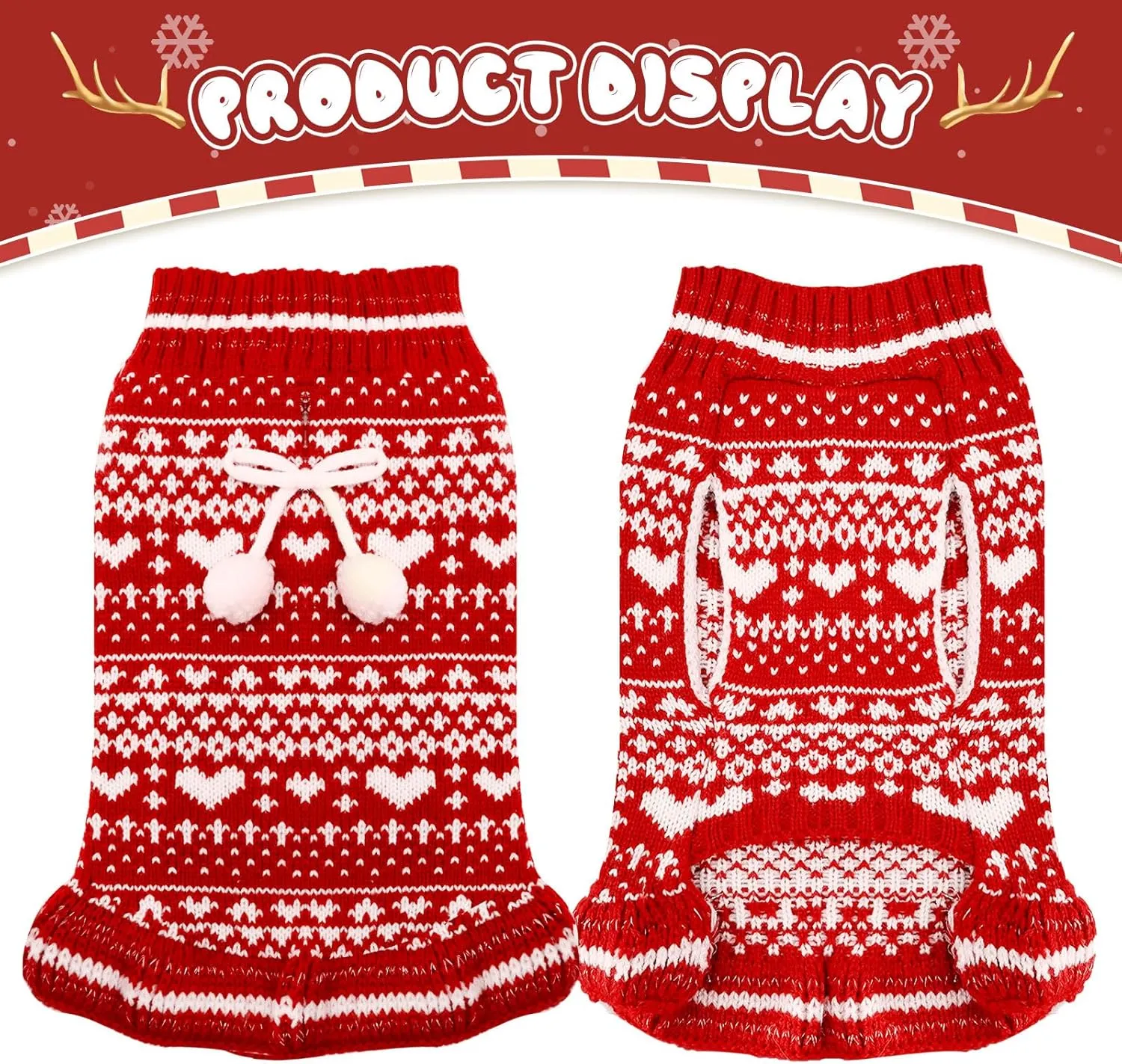 Dog Christmas Sweater Dress with Leash Hole Turtleneck Red Xmas Girl Dog Christmas Outfits Soft Pet Clothes for Small Medium Dogs Cats Warm Fall Winter Puppy Heart Knitted Pullover(L)