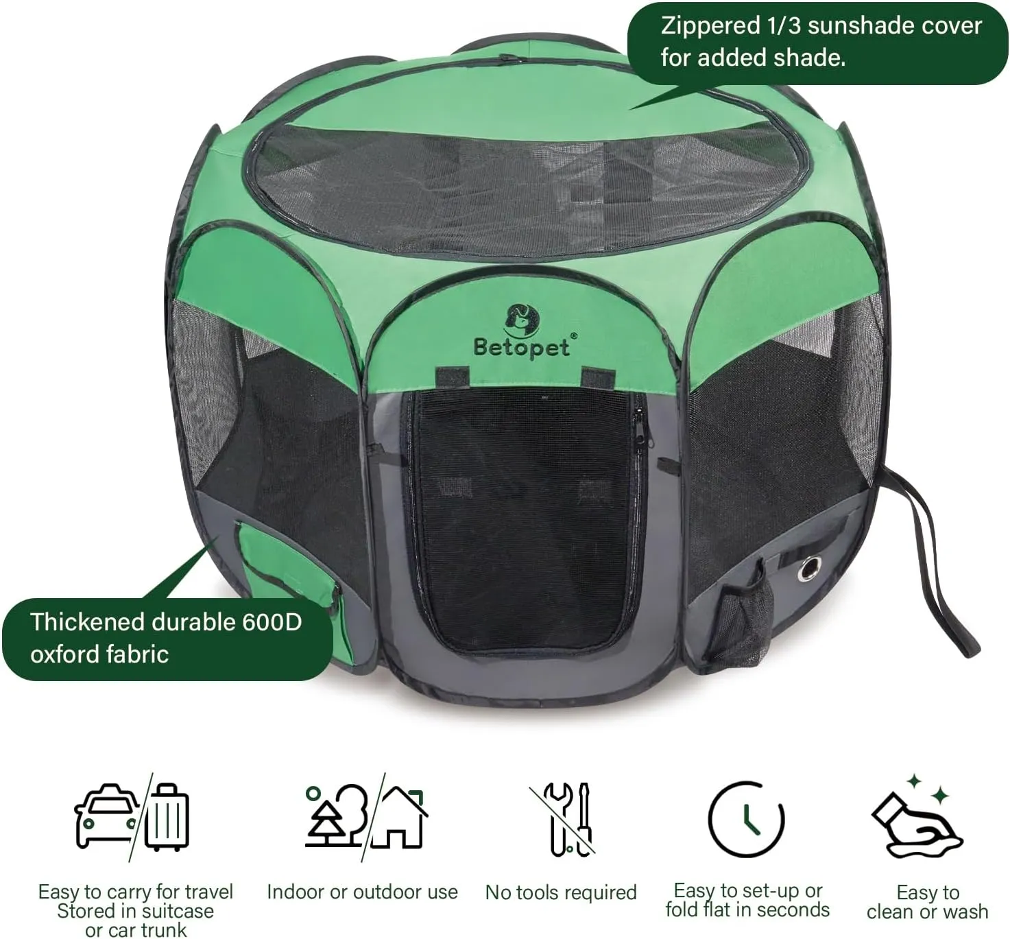 Dog Playpen Portable Upgraded - Pet Cat Dog Tent Crates Cage Indoor/Outdoor 600D Oxford Fabric Green Portable Cat Playpen Enclosed with Removable Zipper Top and BottomLarge