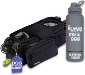 Dog Stroller Caddy Organizer & 32 oz Insulated Water Bottle with Attached 8 oz Bowl (I Love My Dog) - Stroller Organizer & Hydration Set