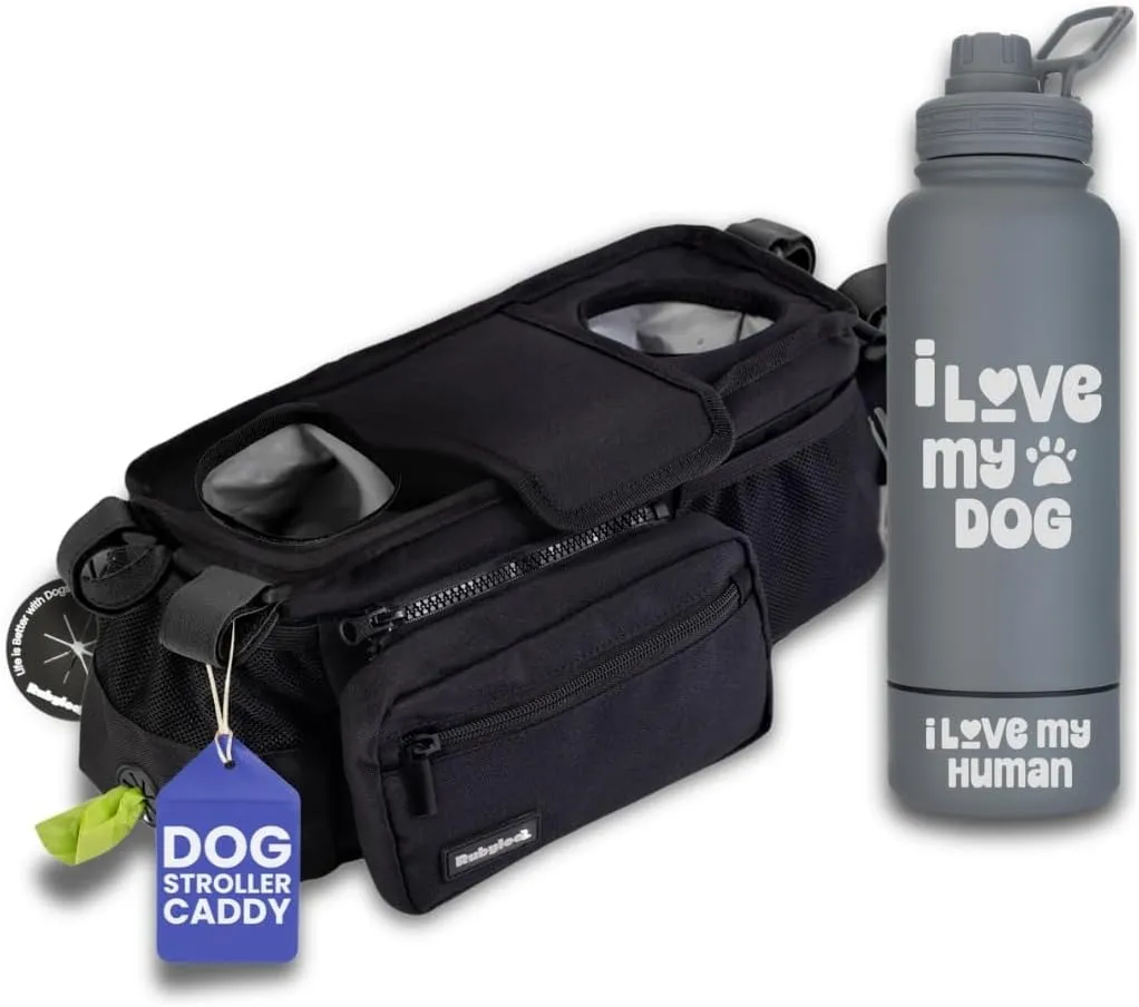 Dog Stroller Caddy Organizer & 32 oz Insulated Water Bottle with Attached 8 oz Bowl (I Love My Dog) - Stroller Organizer & Hydration Set