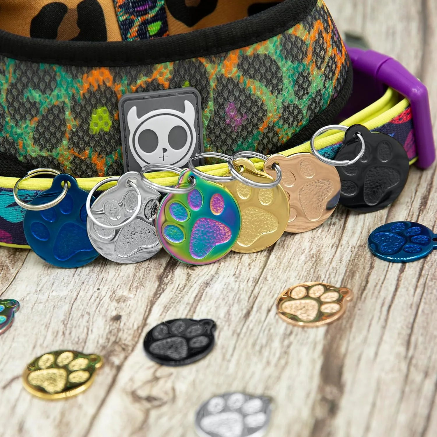 Engraved Pet Tag for Dogs and Cats - Personalized Front & Back up to 4 Lines of Text Custom Engraved ID, Round Paw Print Solid Plating Stainless Steel Gold Small