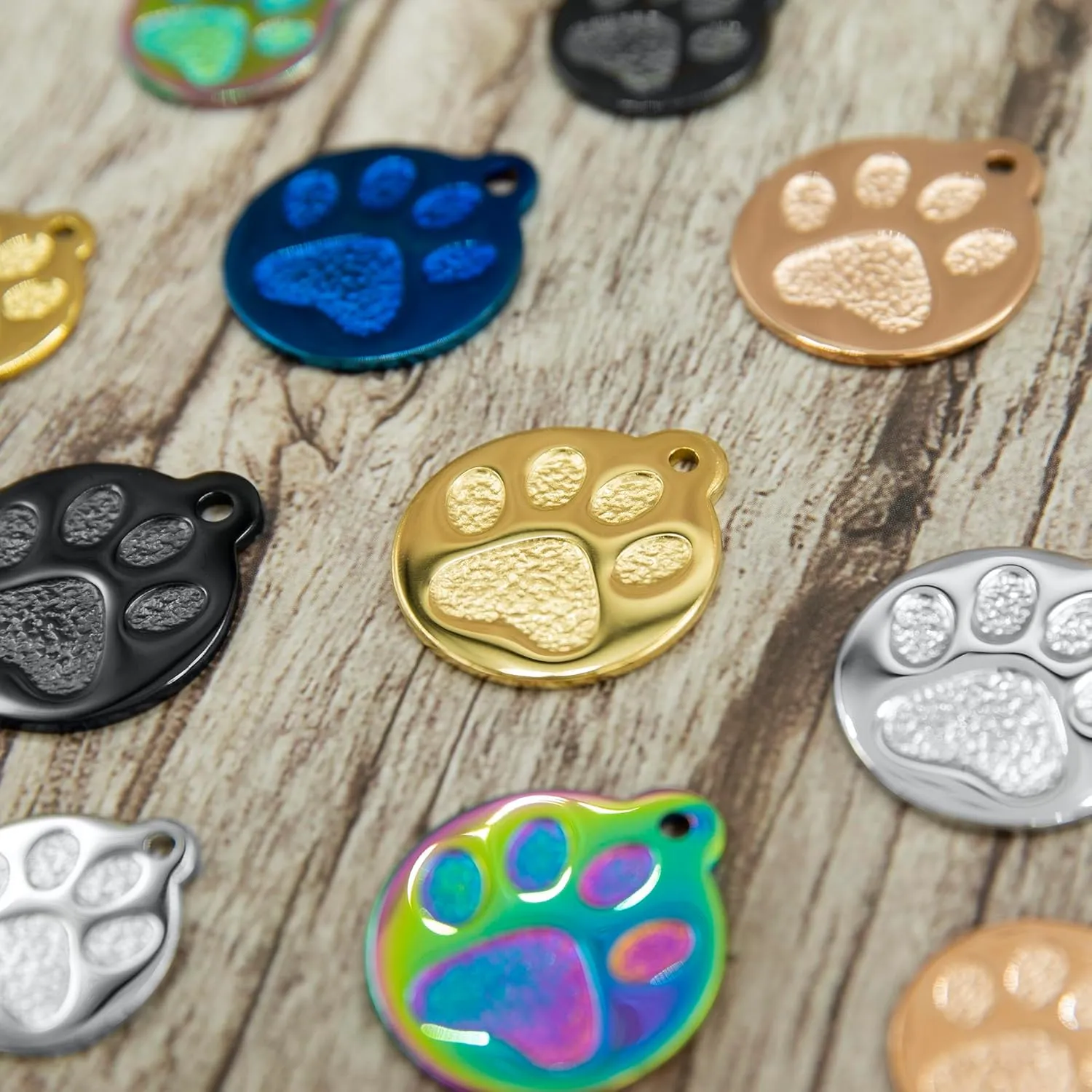 Engraved Pet Tag for Dogs and Cats - Personalized Front & Back up to 4 Lines of Text Custom Engraved ID, Round Paw Print Solid Plating Stainless Steel Gold Small