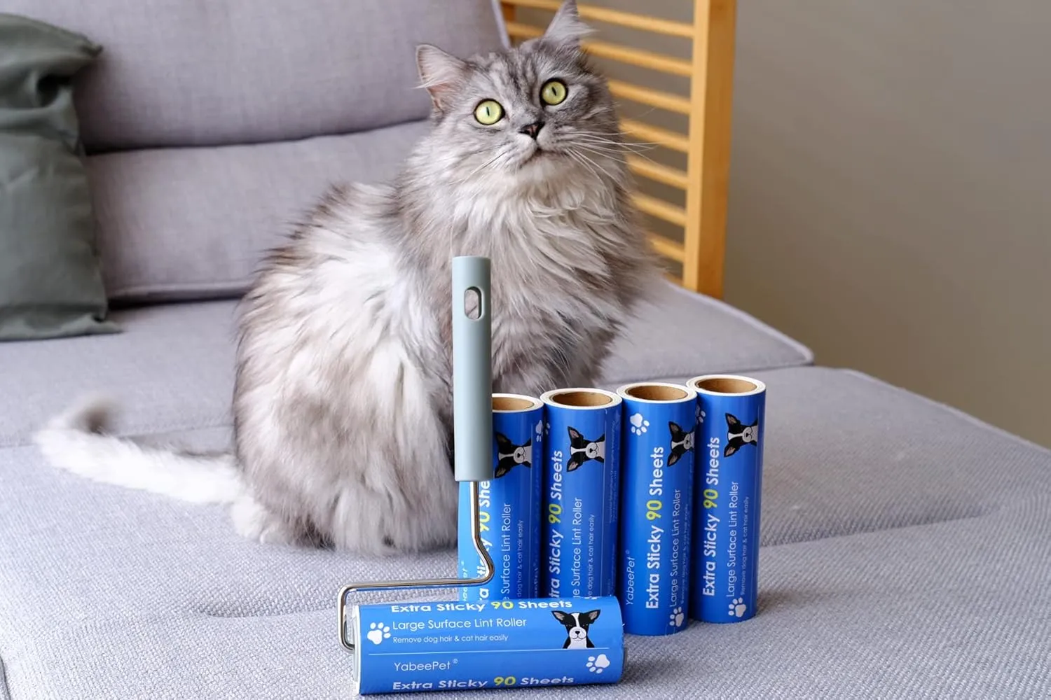 Extreme Sticky Large Surface Lint Roller, 6.3'' Giant Pet Hair Remover Roller for Pet Dog Cat Hair, Clothes&Furniture Cleaning, 90 Sheets (1 Roller   2 Refills)