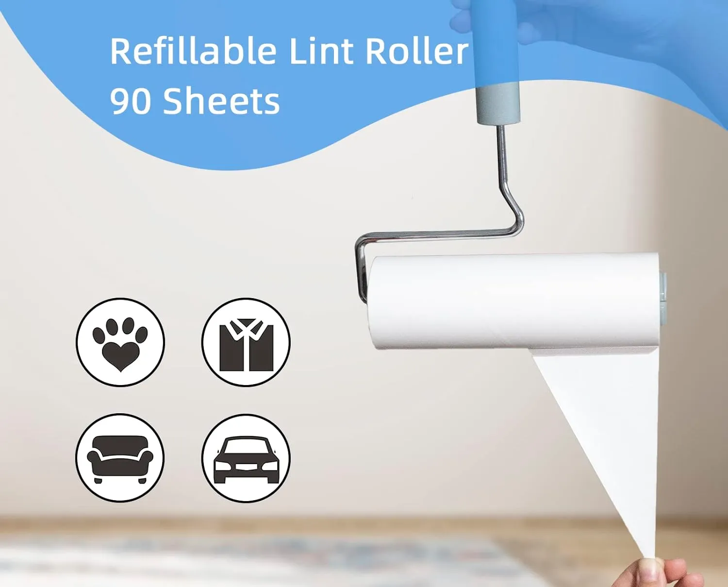 Extreme Sticky Large Surface Lint Roller, 6.3'' Giant Pet Hair Remover Roller for Pet Dog Cat Hair, Clothes&Furniture Cleaning, 90 Sheets (1 Roller   2 Refills)