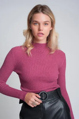 Fine gauge high neck sweater in fuchsia